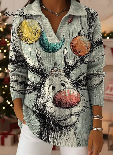 Women's Christmas Deer Pattern Art Print Casual Cotton Sweater