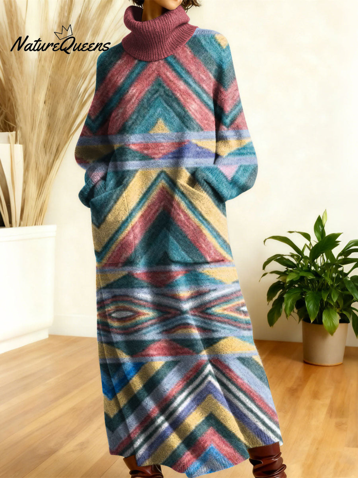 Women's Retro Geometry Colorful Square Art High-neck Long-sleeve Casual Loose Knit Dress