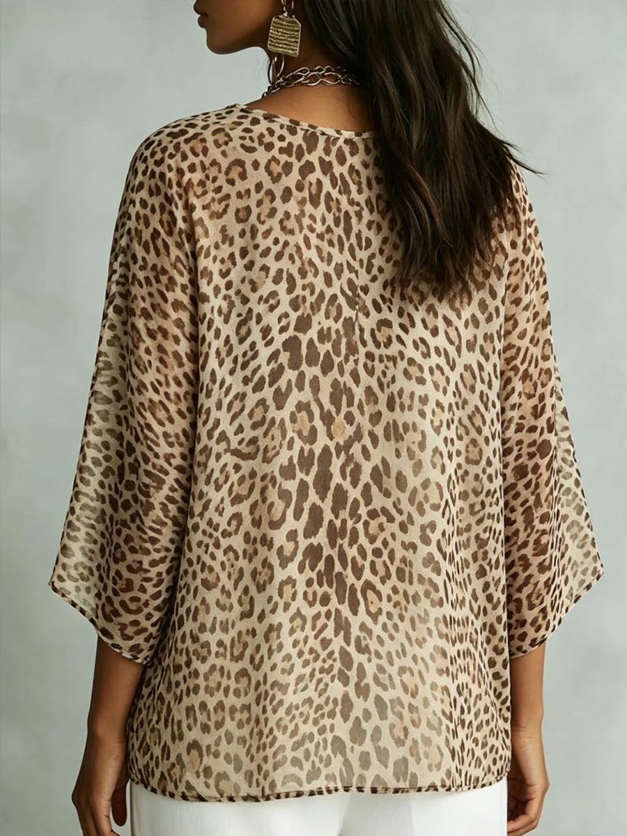 Women’s V-neck Loose Chiffon Leopard Print Top