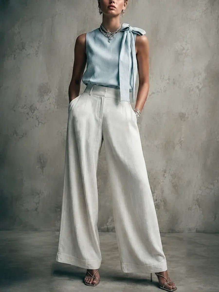 Women's Gentle And Graceful Blue And White Linen Suit