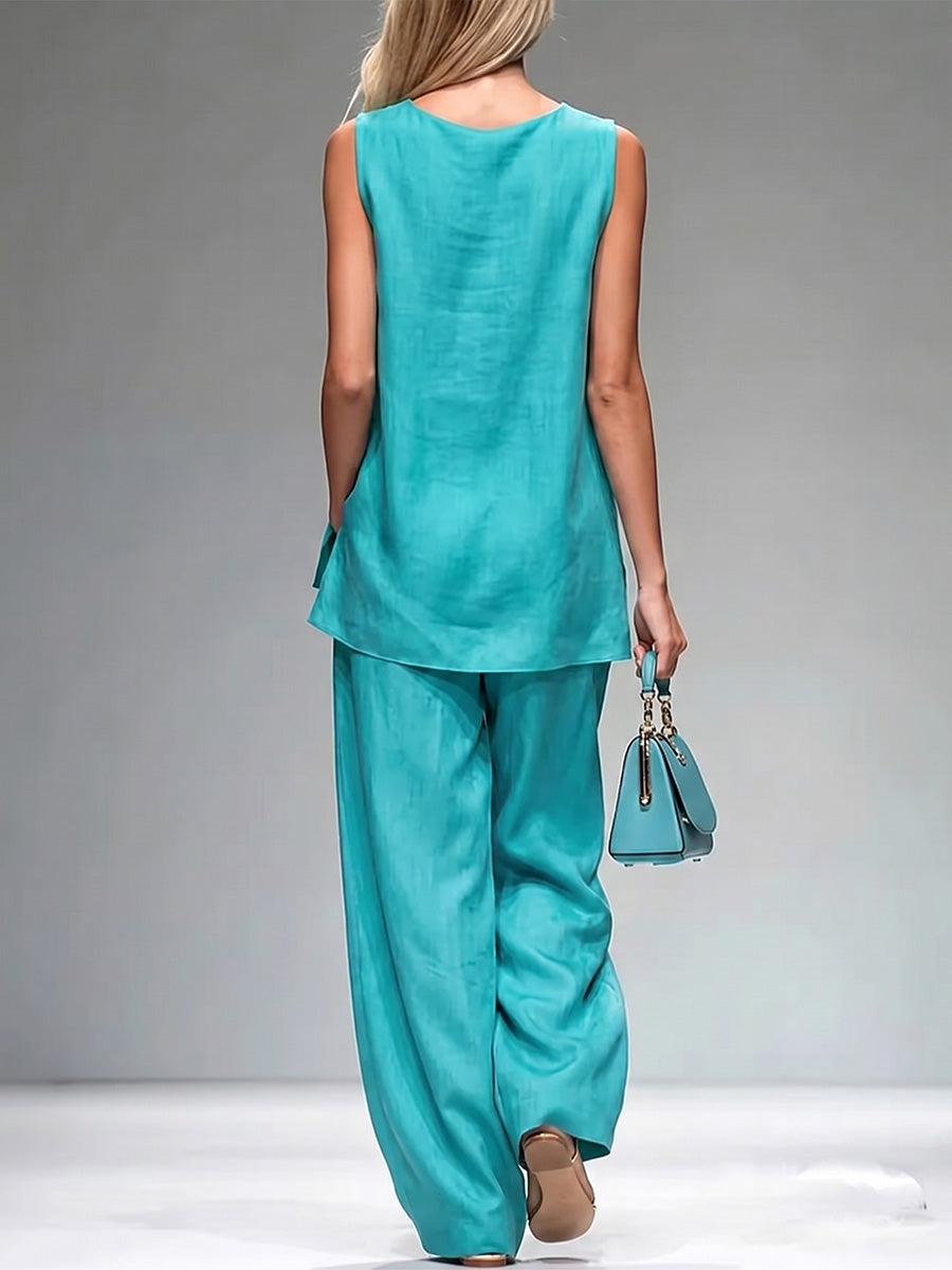 Women's Solid-color Cowl-neck Sleeveless Loose-fit Top & High-waisted Wide-leg Pants Set