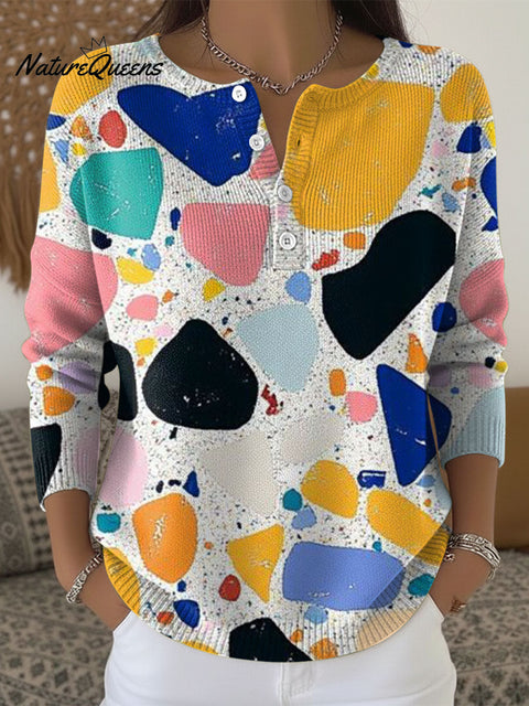 Women's Multicolor Geometry Pattern Art Print Buttoned Cardigan Sweater