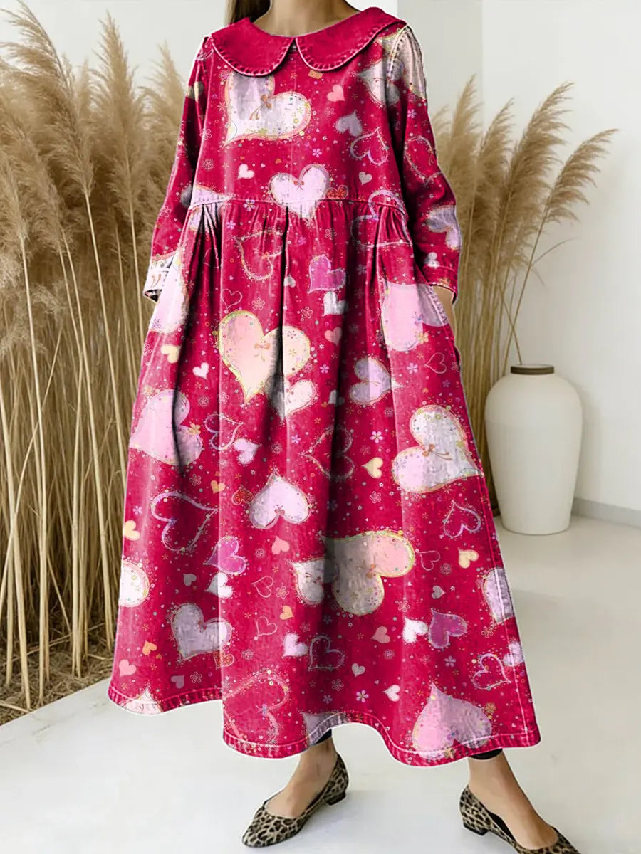 Women Love Pattern Art Print Casual Denim Dress