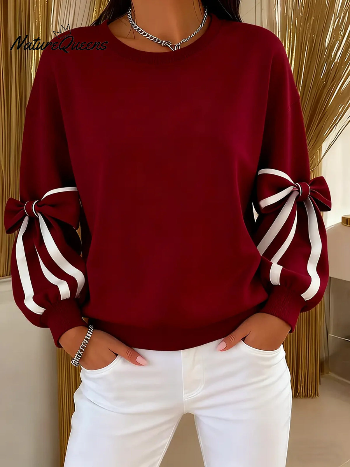 Women's Crew Neck Long Sleeve Color Block Bow Casual Loose Sweatshirt