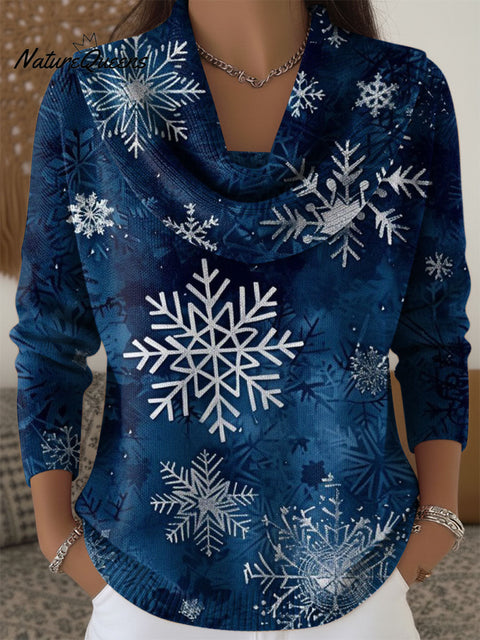 Women's Christmas Snowflake Pattern Art Print Cowl Neck Sweater