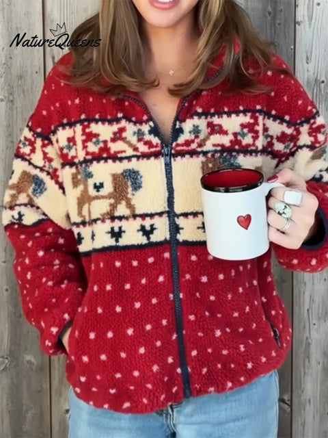 Cozy Lambswool Reindeer Print Zip-up Hooded Jacket