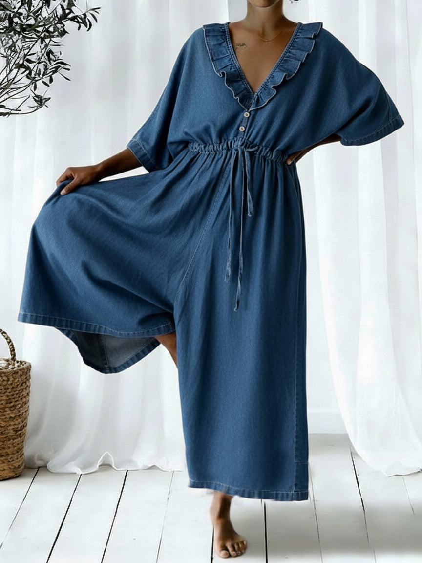 Casual Ruffled Collar Loose Denim Jumpsuit