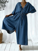 Casual Ruffled Collar Loose Denim Jumpsuit