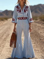 Boho Retro Striped Red Floral Print Shirt And Flared Pants Two-piece Set