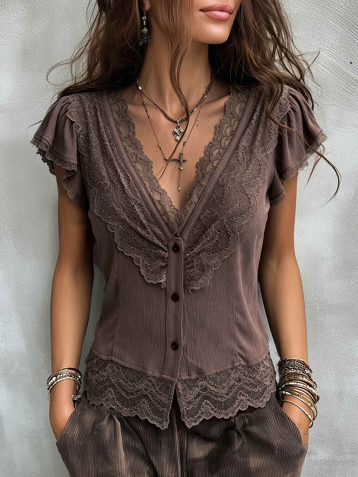 Lace-trimmed Cap-sleeve V-neck Top