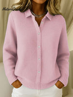 Women's Solid Color Shirt Collar Long Sleeve Waffle Knit Cardigan
