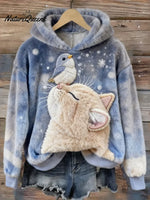 Women's Funny Cat Art Print Casual Velvet Hooded Sweatshirt