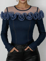 Fashionable Patchwork Mesh Organza Ruffled Denim Top