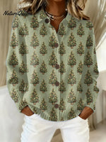 Women's Vintage Christmas Tree Art Print Casual Sweater