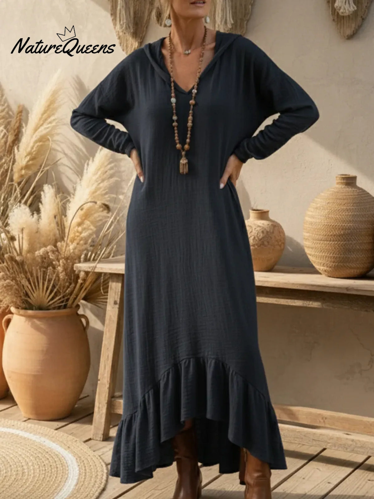 Boho Casual Loose-fitting Hooded Ruffled Hem Linen Dress