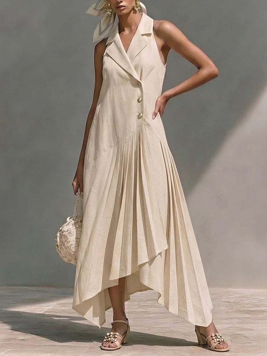 Women's Solid-color Collared Sleeveless Casual Loose Cotton-linen A-line Dress