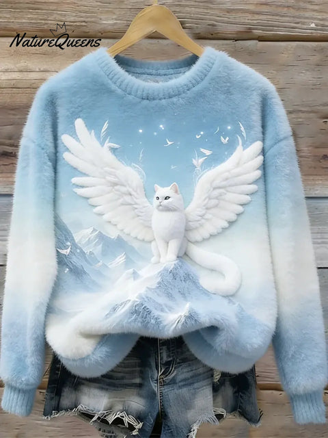 Women's Funny Cat Pattern Art Print Casual Velvet Sweatshirt