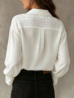 Women's Solid-color Lapel Collar Single-breasted Lace-paneled Long Sleeve Shirt