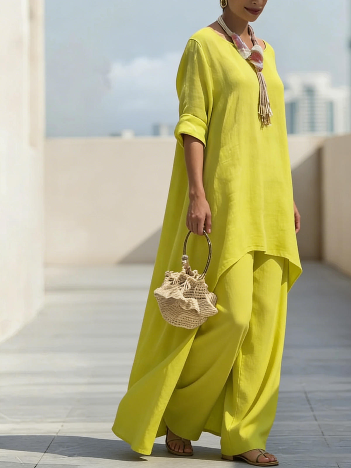 Cozy Travel Asymmetrical Hem Cotton-linen Two-piece Set