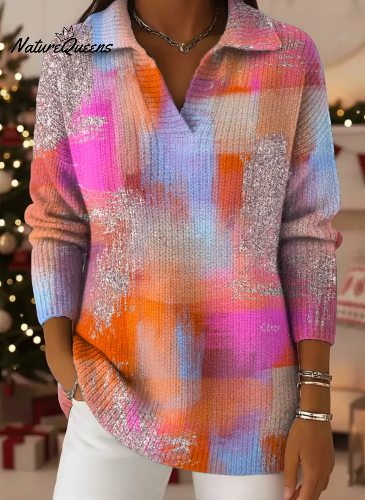 Women's Abstract Gradient Pattern Art Print Casual Cotton Sweater