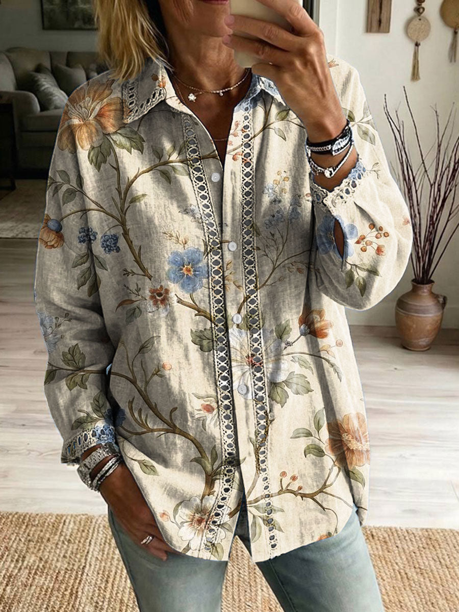 Floral Flowers Art Patterns Casual Patchwork Openwork Webbing Linen And Cotton Shirt