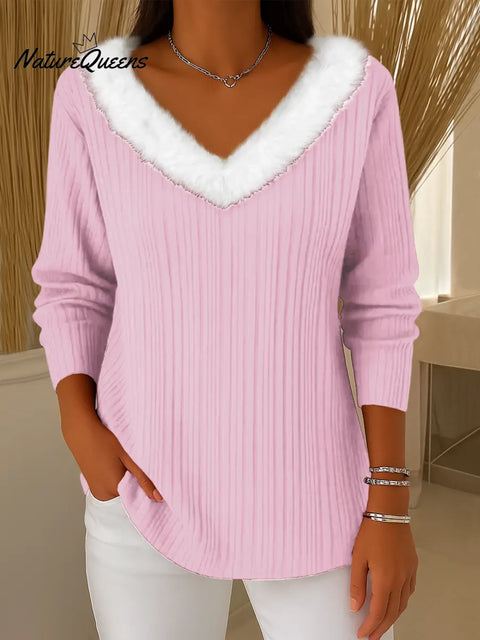 Women's Solid Color V-Neck Long Sleeve Knit Top