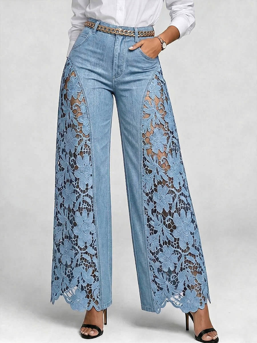 Women's High-waisted Loose-fit Embroidered & Paneled Wide-leg Jeans