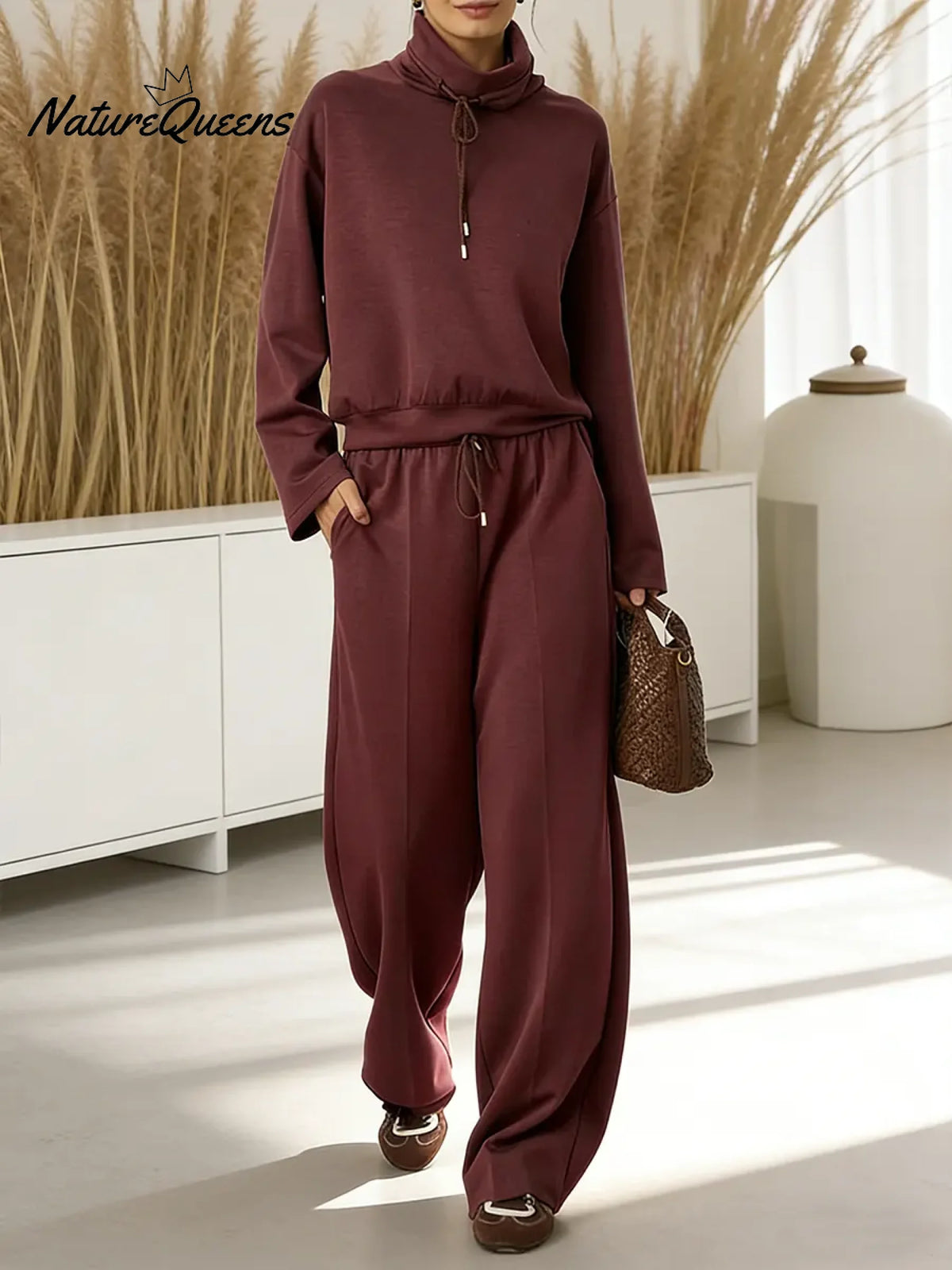 Women's Solid Color High-neck Drawstring Long-sleeve Casual Loose-fitting Sweatshirt