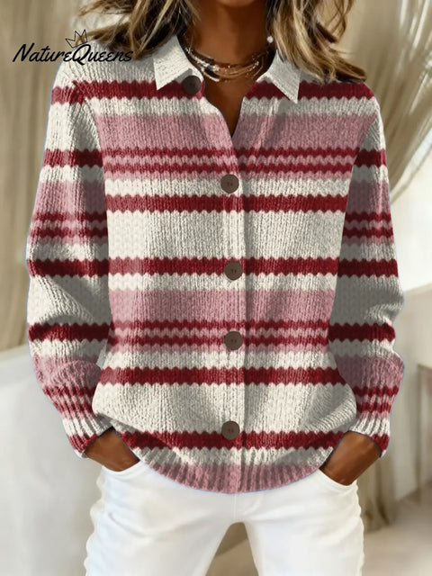 Women's Striped Pattern Art Print Casual Cotton Knitted Sweater