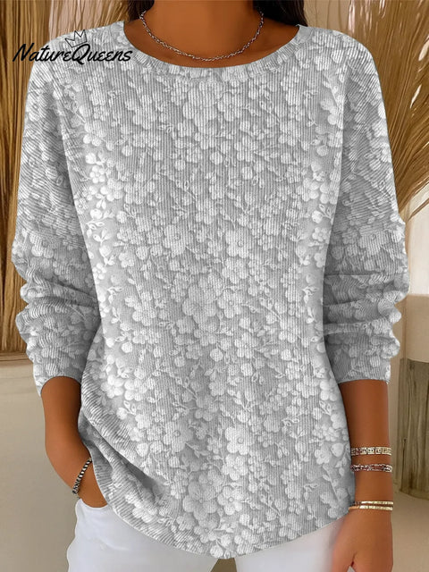 Women's White Small Flower Print Casual Pullover Sweater