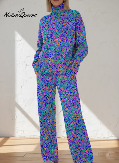 Women's Abstract Dot Pattern Art Print Casual Knitted Cotton Top Pants Suit