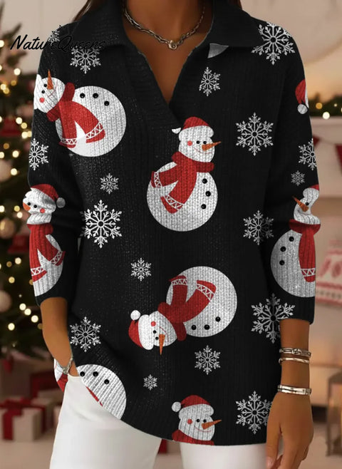 Women's Christmas Snowman Art Print Casual Cotton Sweater