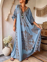 Women's Casual Loose Cotton-linen Dress With Placement Print V-neck, And 3/4 Sleeves