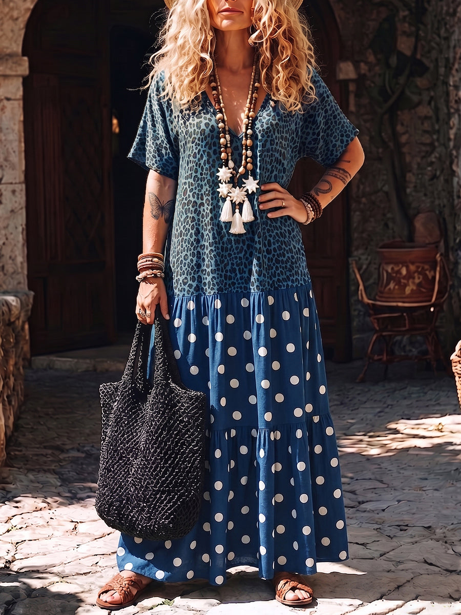 Relaxed Leopard And Polka-dot Patchwork Boho Dress With Pockets
