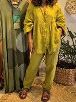 Women's Solid-color V-neck Long-sleeve Loose-fit Cotton-linen Top & Elastic-waist Wide-leg Pants Casual Two-piece Set