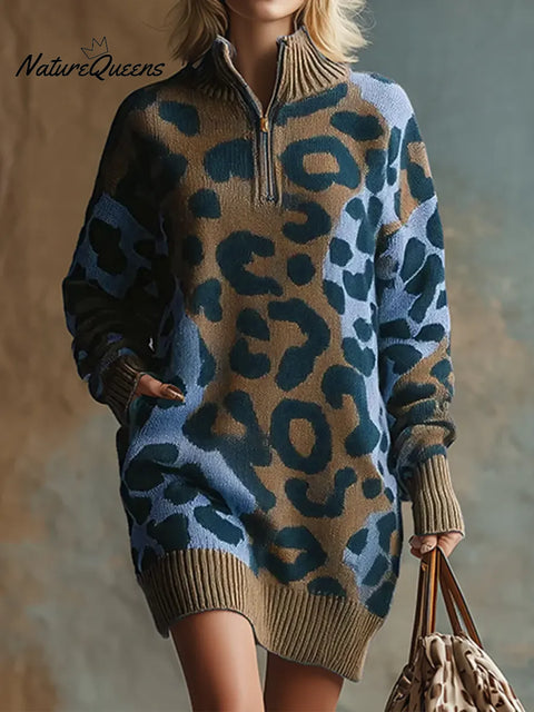 Women's Leopard Print Stand Collar Long Sleeve Casual Loose Knit Dress