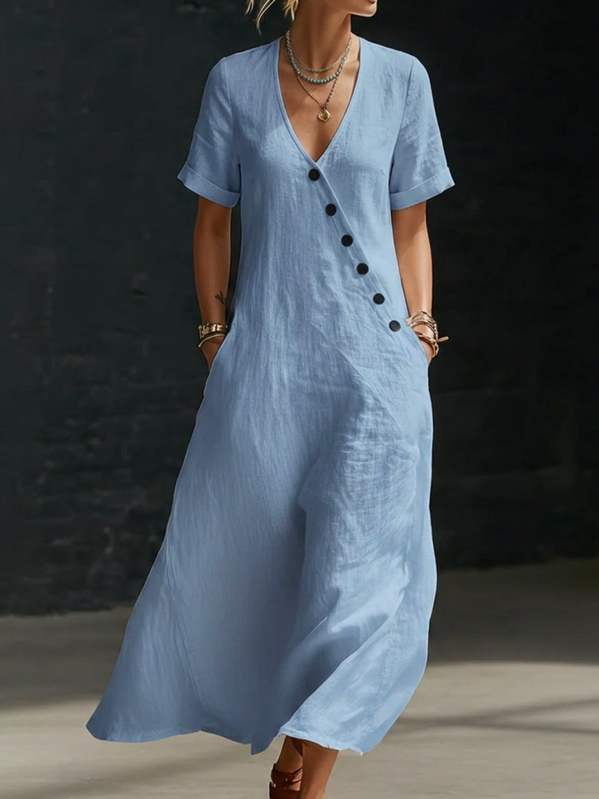 Cozy Minimalist Button-up Loose Linen Cotton Dress