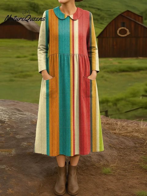 Women's Beautiful Colorful Abstract Stripe Art Print Cotton Lapel Button-Down Shirt Dress