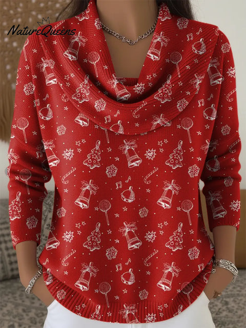 Women's Red Christmas Elements Print Cowl Neck Sweater