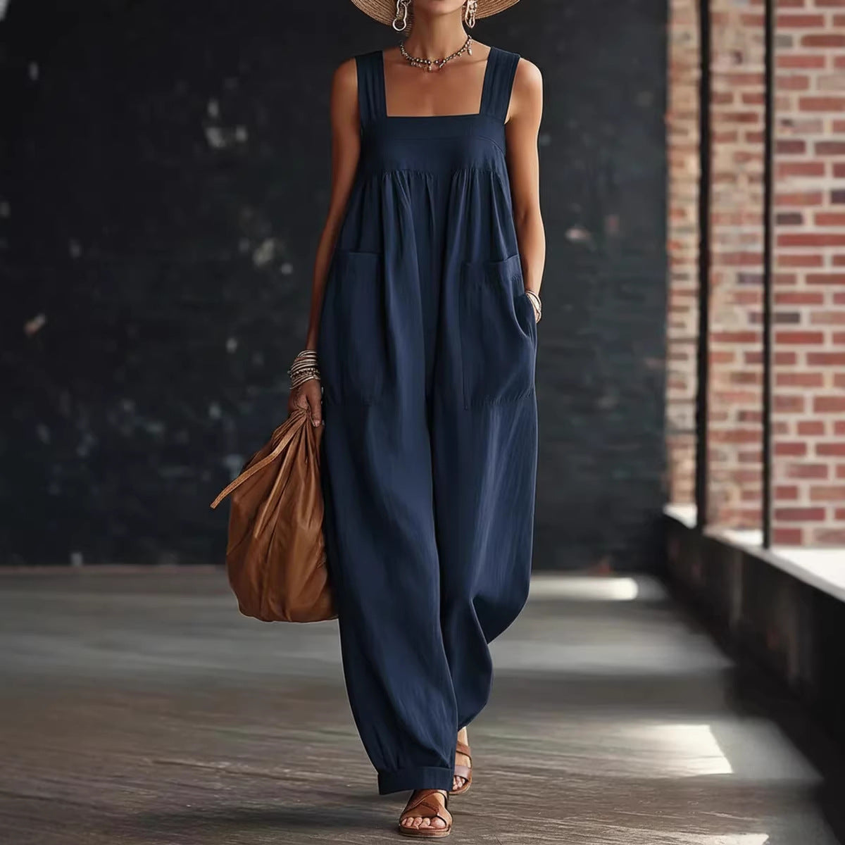 Women's Solid-color Pocketed Camisole Jumpsuit