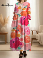 Women's Pleated RetroFloral Patterns Print Doll Collar Casual Long-sleeved Dress