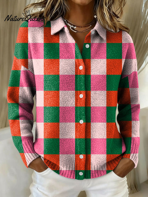Women's Geometric Christmas Colors Plaid Pattern Art Print Cowl Neck Sweater