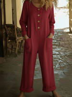 Cozy Round-neck Button-up Linen Jumpsuit