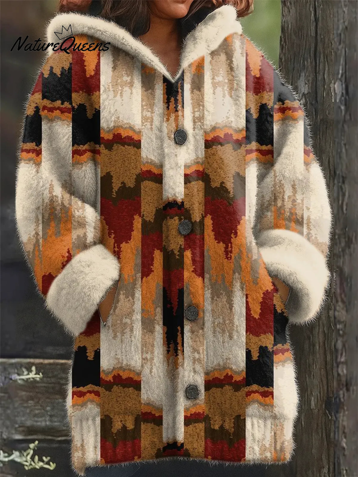 Women's Vintage Pattern Art Print Casual Fleece Coat