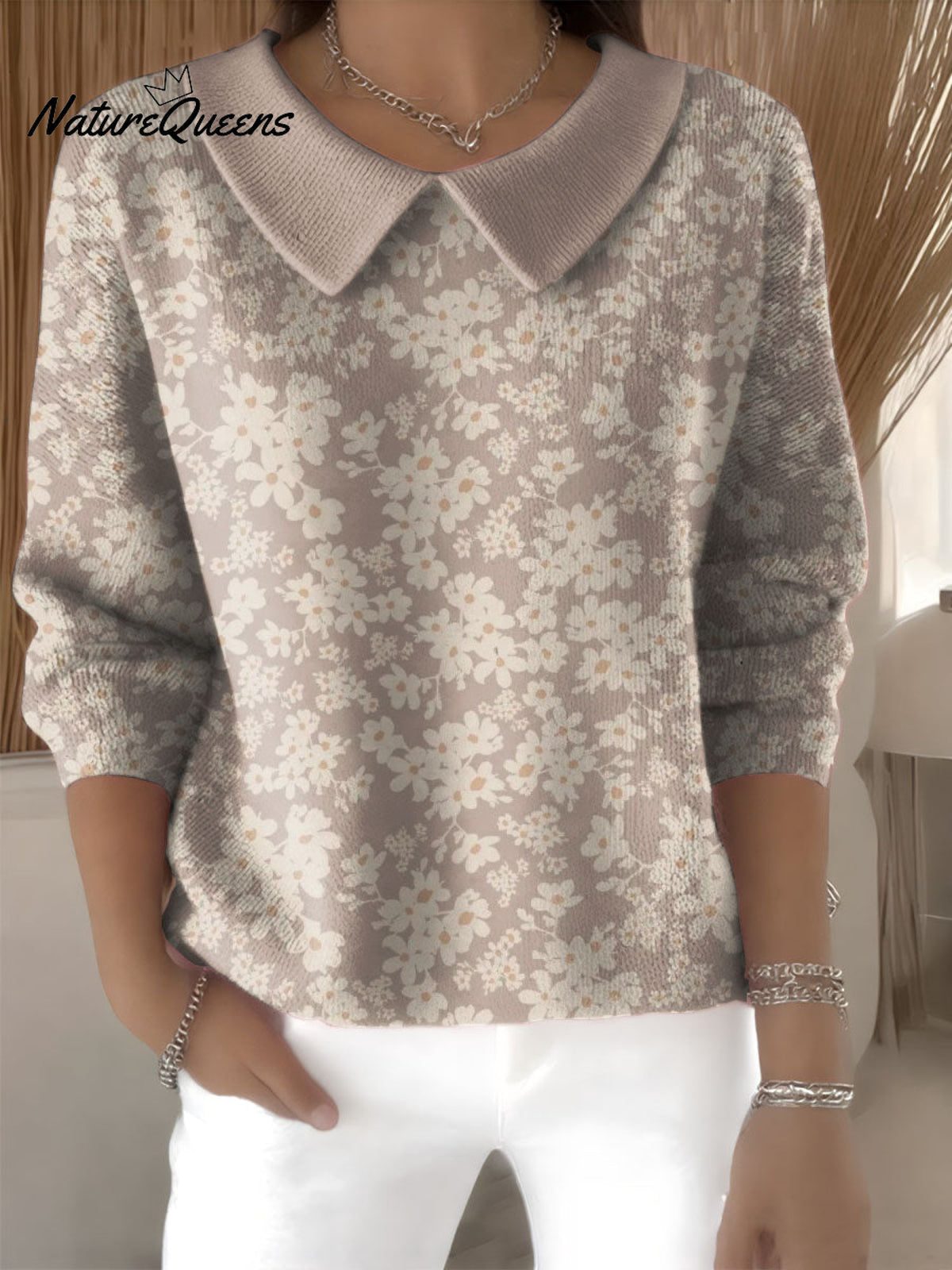 Country-style Floral Decorative Patterns Women's Casual Peter Pan Collar 3/4 Sleeve Sweater