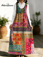 Women's Retro Colorful Flowers Pattern Art Print Casual Cotton Denim Dress