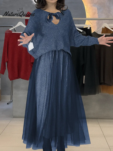 Women's Solid Color V-Neck Tie-Waist Sequined Long-Sleeve Casual Knit Top Set with Elastic Waist A-Line Mesh Skirt