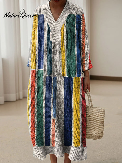 Women's Color Block Abstract Pattern Art Print Casual Cotton Knitted Dress