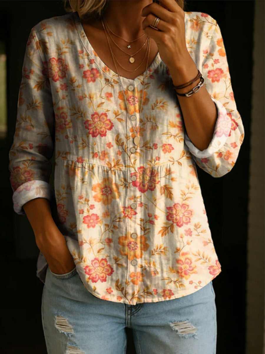 Women's Vintage Floral Pattern Casual Art Print Casual Cotton Shirt