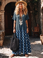 Relaxed Leopard And Polka-dot Patchwork Boho Dress With Pockets